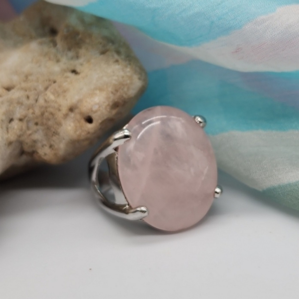 Nature Rose Quartz Silver Ring Healing Genuine Love Protective Crystal